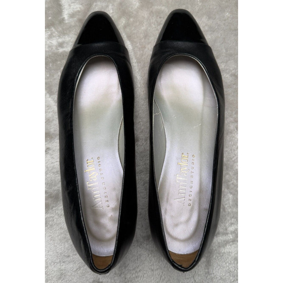 Ann Taylor Vintage Black Leather Cap Toe Kitten Heel Pumps Womens Size 7.5 N 80s - Picture 6 of 8